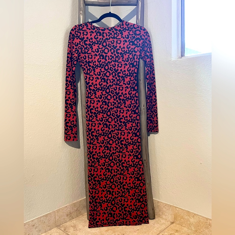 NastyGal Leopard Long Sleeve Bodycon Midi Dress
